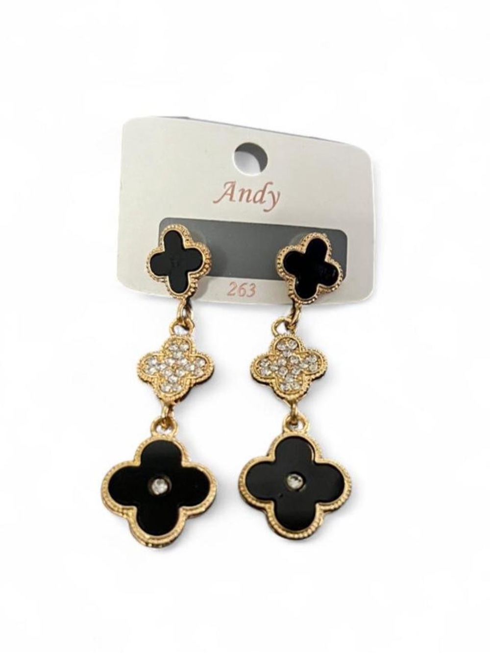 Black and Gold Clover Drop Earrings with Crystal Accents